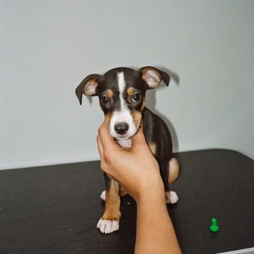 A small puppy sitting calmly on a grooming table